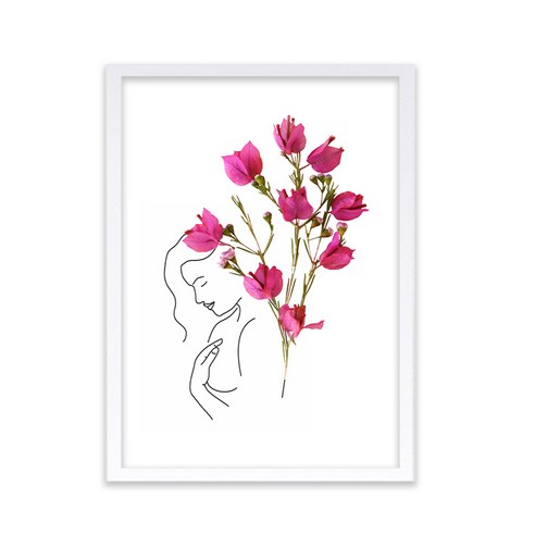 인테리어 포스터 꽃과여인 B + 우드액자 세트, 화이트