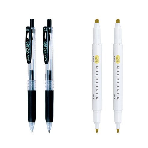 제브라 마일드라이너 마카 2p + 사라사 클립 볼펜 0.4mm 2p 세트, 골드(마일드라이너), 검정(볼펜), 1세트