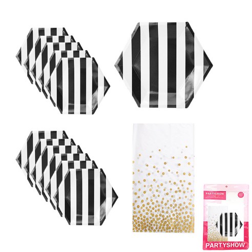 파티쇼 스트라이프 접시 블랙 20cm 12p + 황금 도트 테이블보 화이트 파티 테이블 세트, 1세트