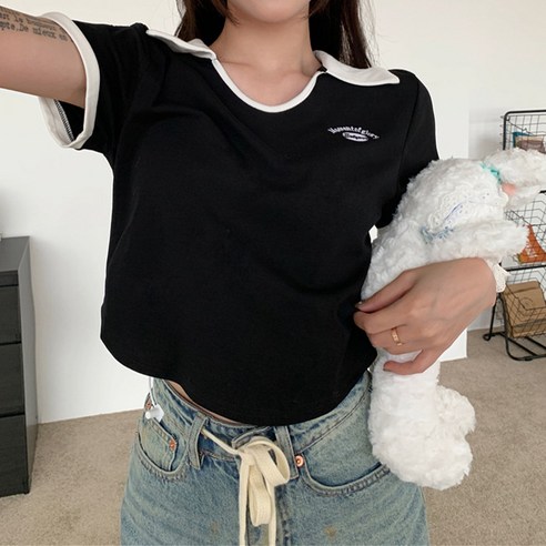 블랙101 먼트 카라넥 반팔 티셔츠 여성용 B235WF00468 여성카라티셔츠 블랙101 먼트 카라넥 반팔 티셔츠 여성용 B235WF00468 여성카라티셔츠