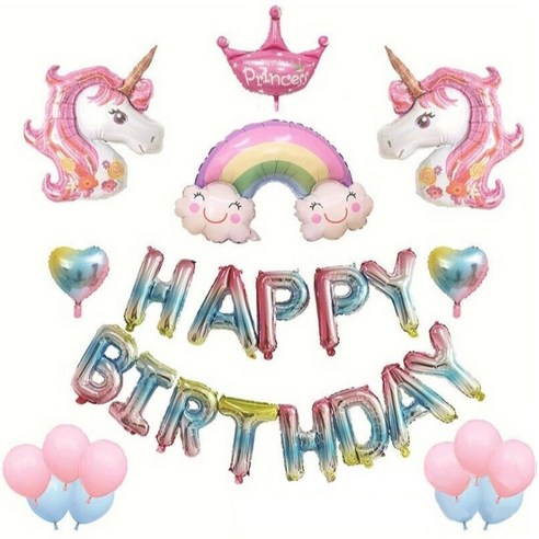 와토 유니콘 해피버스데이 생일파티 풍선 풀세트, 레인보우, 1세트