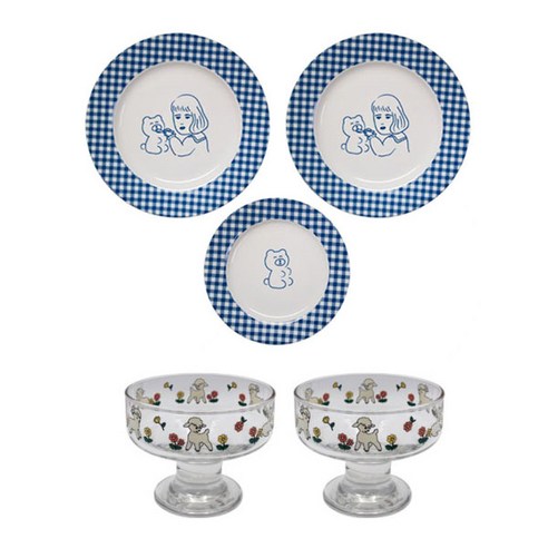 1537 체크라인 플랫 접시 2종 + 글라스볼 세트, 1세트, 깅엄체크 Small + 깅엄체크 Large 2p + 글라스볼 빈티지램 2p