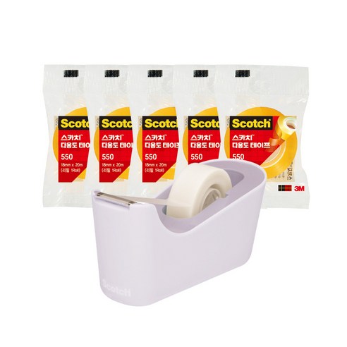 쓰리엠 스카치 탁상용 테이프 디스펜서 C18 + 다용도 테이프 리필 550 18mm x 20m 5p 세트, 라벤더(디스펜서), 1세트