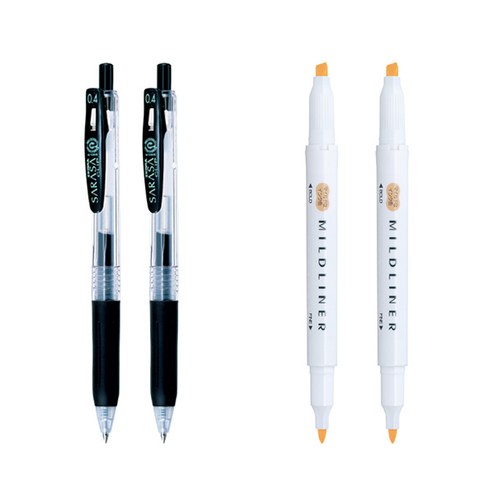 제브라 마일드라이너 마카 2p + 사라사 클립 볼펜 0.4mm 2p 세트, 오렌지(마일드라이너), 검정(볼펜), 1세트