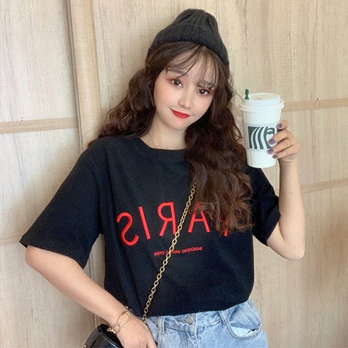 유니제이 여성용 파리스 프린팅 라운드 반팔 티셔츠
