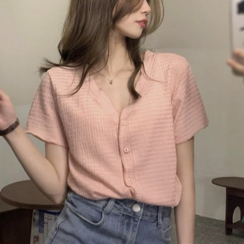 피어니스트 실키 브이넥 반팔 단추 블라우스