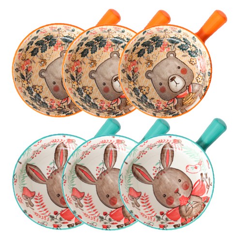 윌리브 동물캐릭터 도자기 손잡이 볼 2종 세트, 오렌지, 민트, 3세트