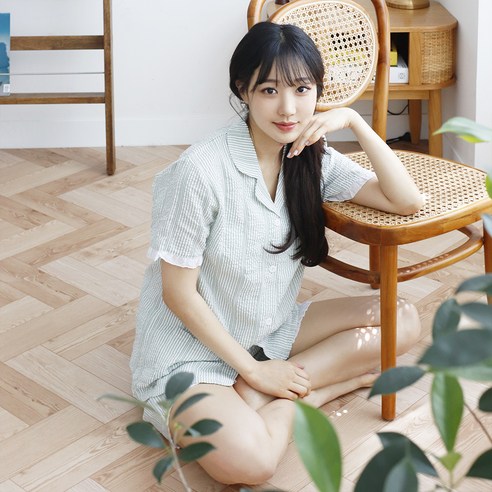 테라우드 여성용 와플 스트라이프 반팔 잠옷 홈웨어 상하의 세트