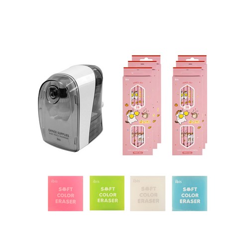 아이비스 베이직 연필깎이 + 귤냥쓰 2B 연필 4개입 x 6p + 컬러 지우개 4종 세트, 화이트(연필깎이), 핑크(연필), 혼합색상(지우개), 1세트