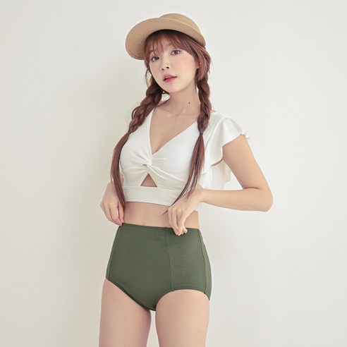 코코드림 여성용 선셋 하이웨스트 크롭 비키니 수영복 B78, 화이트