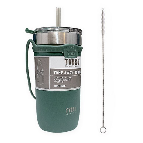 타이소 진공 스텐 핸들 스트랩 텀블러 + 트라이탄 빨대 + 빨대 세척솔, 그린, 550ml
