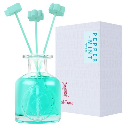 허브타임 NEW 실내용 디퓨저 130ml + 플라워 석고 랜덤발송 4p + 섬유스틱 5p 선물세트, 페퍼민트, 1개