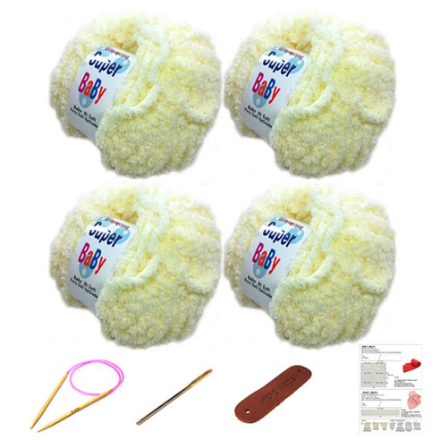 행복뜨기 슈퍼베이비 뜨개실 4p + 바늘 6mm + 돗바늘 + 가죽 라벨 + 목도리 도안 세트, 1세트, 파스텔레몬