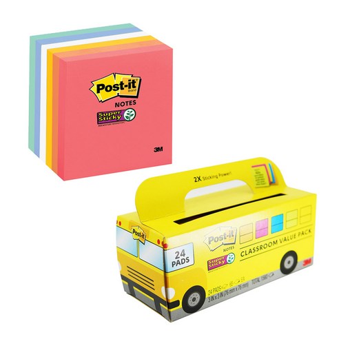 포스트잇 강한 점착용 노트 스쿨버스 654-24SSAN-BUS + 하바나 654-6SSHAV, 혼합색상, 1세트