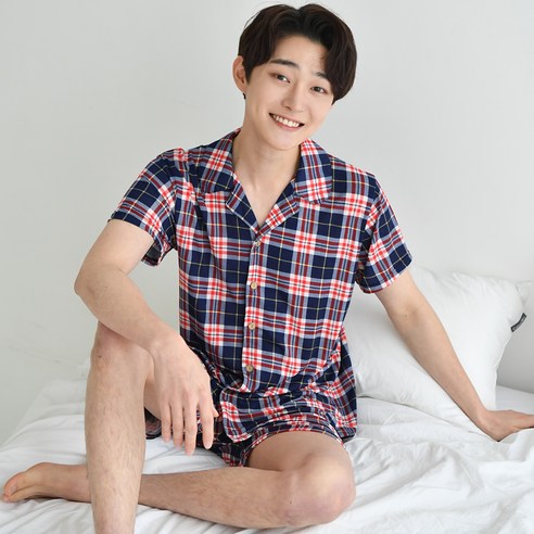 남성용 카라형 여름 반팔 파자마 상하의 세트