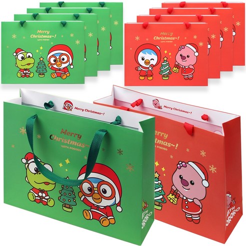 뽀로로 크리스마스 쇼핑백 가로형 2종 x 5p, 그린, 레드