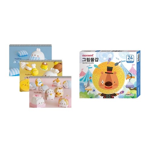 몰랑이 두툼 미술용 스케치북 170g x 3p + 모나미 모니주 수채물감 6ml 24색 문구세트, 랜덤발송(스케치북), 남(수채물감), 1세트