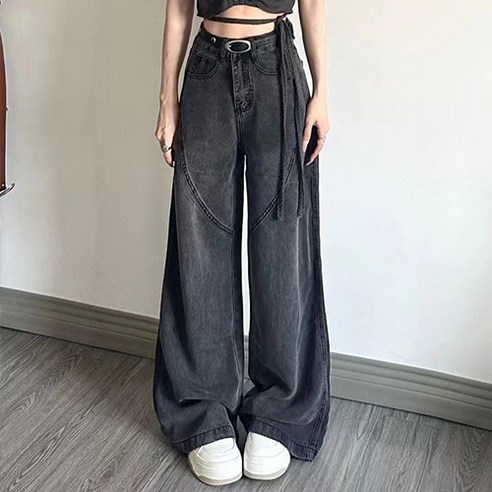 레몬소울 여성용 수피 와이드 워싱 데님 팬츠