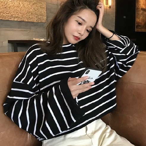 피어니스트 여성용 스트라이프 크롭 루즈핏 긴팔 티셔츠