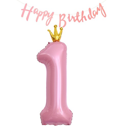 조이파티 왕관 숫자 풍선 대 1 + 생일 가랜드 캘리그래피 세트, 핑크, 1세트