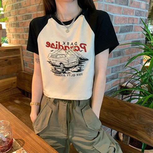 아이엠몽 여성용 오르와 아메리칸 빈티지 레트로 프린트 반팔 크롭 티셔츠