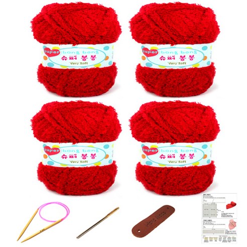 행복뜨기 슈퍼봉봉 뜨개실 4p + 줄바늘 4.5mm + 돗바늘 + 라벨 + 4종 목도리도안 세트, 1세트, 빨강
