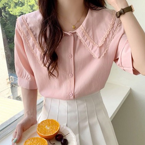 여성용 카라 레이스 포인트 반팔 블라우스
