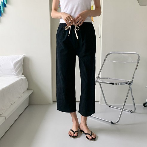 헤이진 여성용 데일리 밴딩 와이드 린넨 팬츠