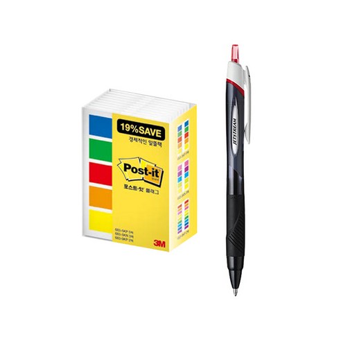 유니 제트스트림 1.0mm + 알뜰 플래그 포스트잇 683-5KP-10 세트, 레드(펜), 1세트