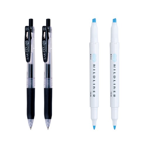 제브라 마일드라이너 마카 2p + 사라사 클립 볼펜 0.5mm 2p 세트, 블루(마일드라이너), 검정(볼펜), 1세트