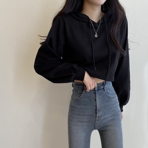미니미 크롭 후드 베이직 티셔츠