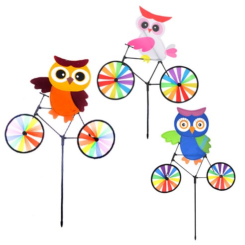파티쇼 정원용 자전거 타는 부엉이 바람개비 3종 세트, 핑크부엉이, 갈색부엉이, 파랑부엉이, 1세트