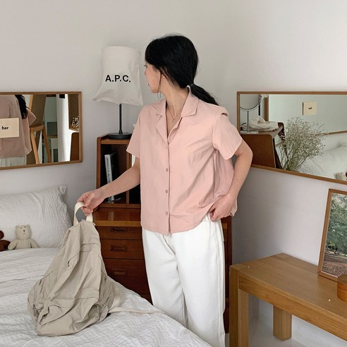 여성용 에빌오 카라넥 나일론 무지 베이직 반팔 셔츠 cpnb2921k43