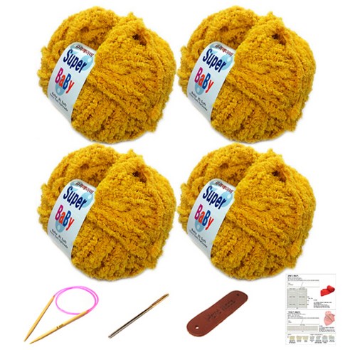 행복뜨기 슈퍼베이비 뜨개실 4p + 바늘 6mm + 돗바늘 + 가죽 라벨 + 목도리 도안 세트, 1세트, 겨자