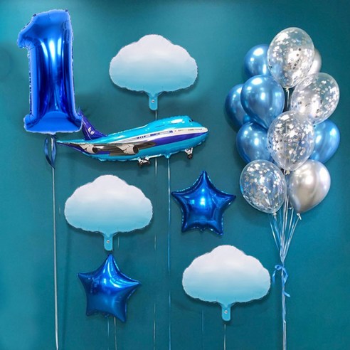 마켓감성 블루비행기테마 생일풍선세트, 타입1, 1세트