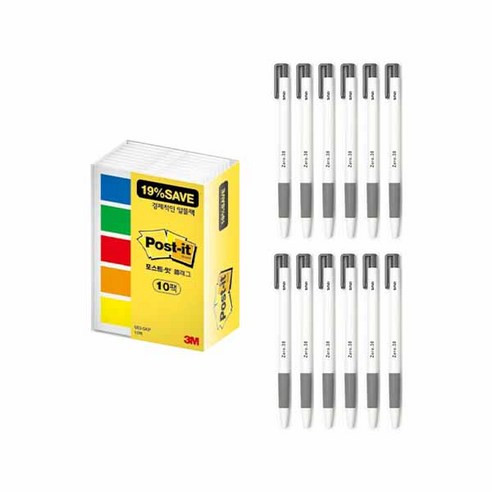 신지 제로볼 유성볼펜 0.38mm 12p + 알뜰 플래그 포스트잇 683-5KP-10 세트, 블랙(볼펜), 1세트