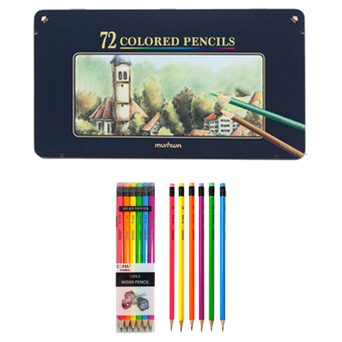 문화연필 색연필 틴 케이스 72색 + 투코비 코마 삼각 지우개 연필 TC-208 B 12p 세트, 혼합색상, 1세트
