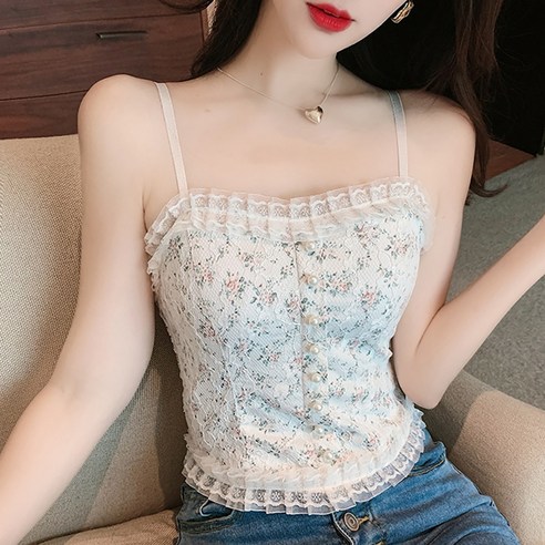 마켓에이 여성용 플라워 레이스 크롭 나시탑