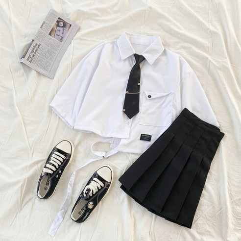 파티퀸 놀이공원st 반팔셔츠+블랙주름치마+넥타이 여성용 교복 코스튬 세트
