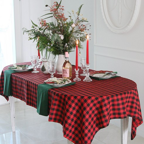 앤코튼 크리스마스 노엘 체크 기모 테이블 식탁보, 레드, 4인(130 x 130 cm)