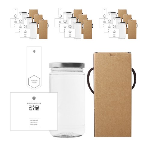 일자러그375 꿀병 320ml + 러그캡 실버 + 병 스티커 심플 잡화꿀L + 봉인 스티커 심플허니봉인A 세트, 10세트