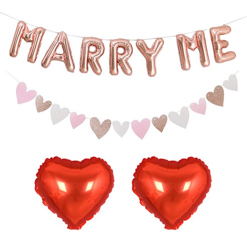 조이파티 MARRY ME 은박풍선 + 글리터하트 가랜드 + 하트 은박풍선 2p 세트, 로즈골드(MARRY ME 은박풍선, 가랜드), 레드(하트 은박풍선), 1세트