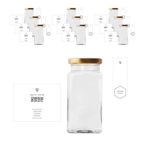 사각허브러그300 꿀병 280ml + 러그캡 골드 + 병 스티커 심플 꿀벌화분L + 봉인 스티커 심플허니봉인A 세트, 10세트