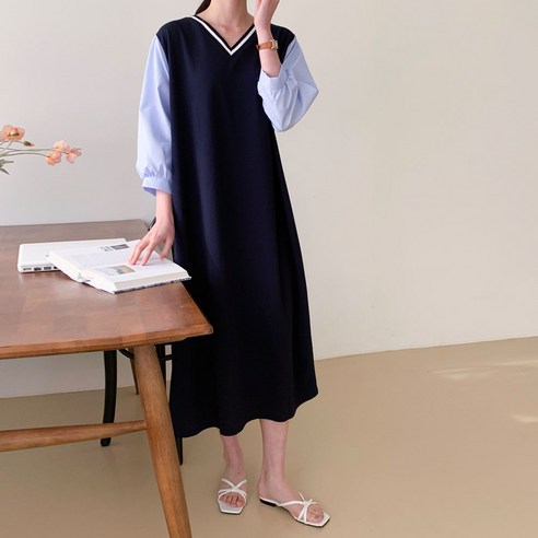 보리맘 체다 배색 V 빅사이즈 임부복 원피스 a770