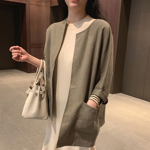 구디프 여성용 루즈핏 라운드넥 린넨 자켓