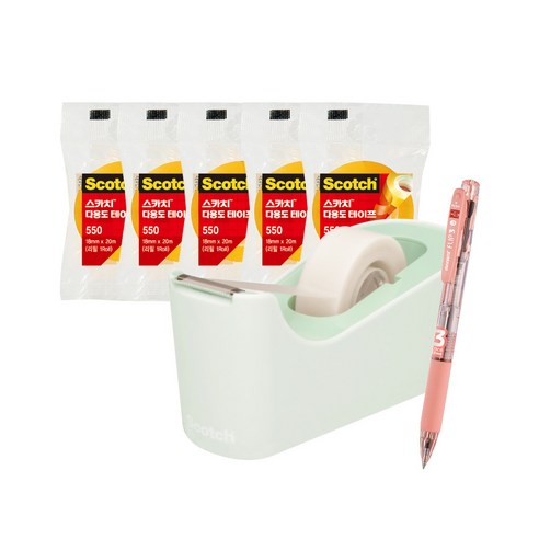 쓰리엠 스카치 탁상용 테이프 디스펜서 C18 + 다용도 테이프 리필 550 18mm x 20m 5p + 모나미 플립 3색 볼펜 0.5mm 세트, 민트(디스펜서), Papaya(볼펜), 1세트