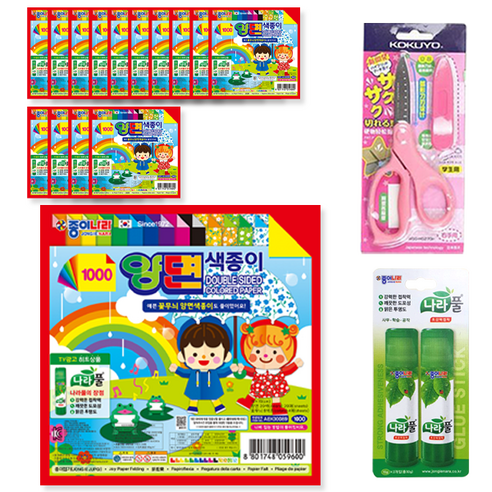 종이나라 1000 양면 색종이 15p + 고쿠요 SAXA 플라이 캡 가위 핑크 + 나라풀 15g x 2p 세트, 1세트, 24색