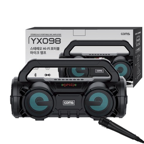 컴스 휴대용 블루투스 V5.0 스테레오 Hi Fi 포터블 앰프 20W + 기본형 유선 마이크 세트, YX098 포노앰프