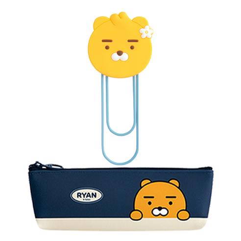 카카오프렌즈 모던st 미니 삼각 필통 + 실리콘 북마크 L 문구세트, 네이비 라이언(필통), 리틀라이언(북마크), 1세트