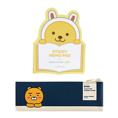 카카오프렌즈 미니 플랫 펜슬케이스 + 리틀프렌즈 형태 점착메모지, 라이언(펜슬케이스), 리틀 무지(점착메모지), 1세트